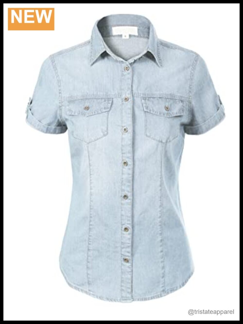 Women's Cotton Denim Roll Tab Short Sleeve Button Down Shirt